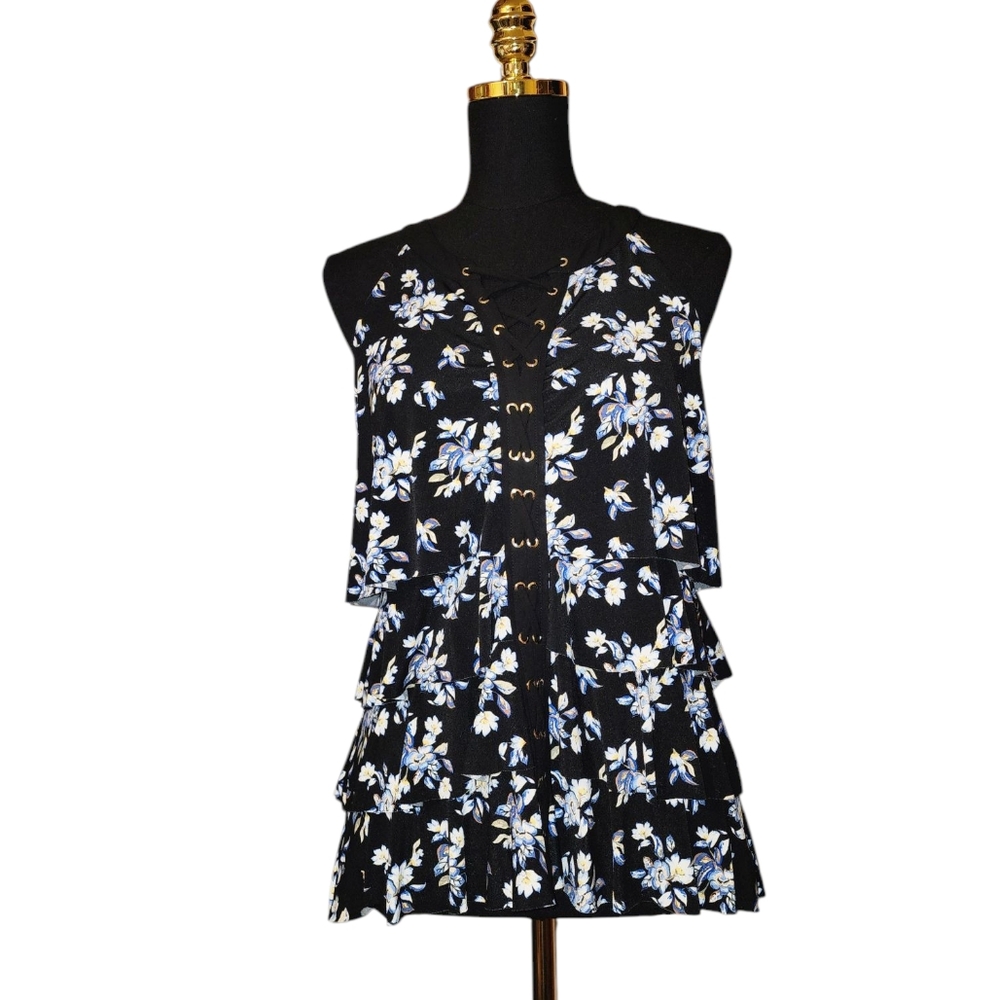 2/30 White House Black Market Floral Black Sleeveless Top